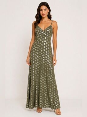 Michael Kors Olive Green Metallic Leaf Maxi Dress – Size Small – NWT